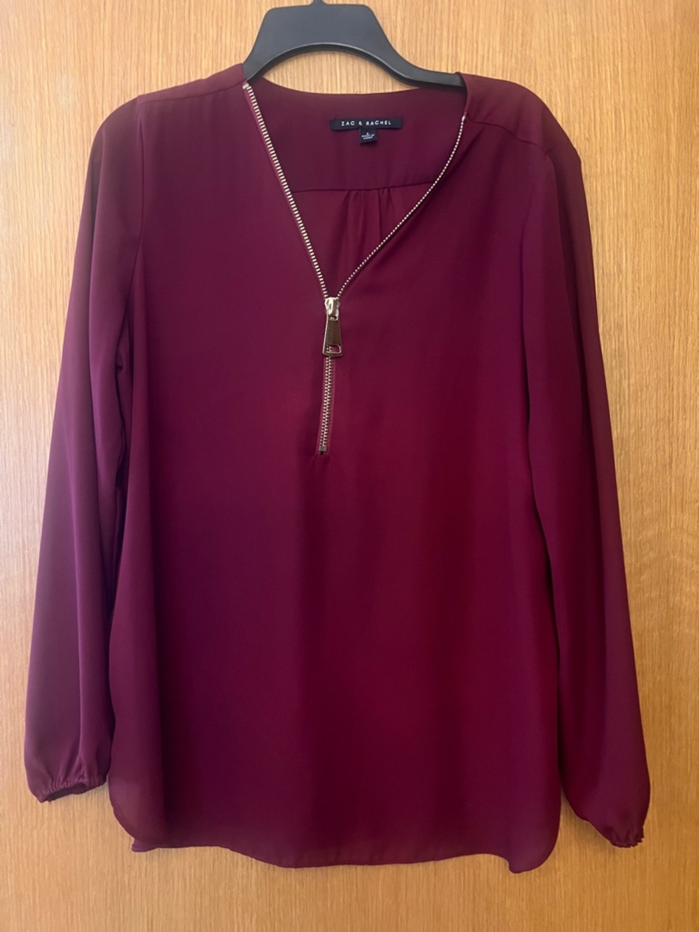 Zac & Rachel Burgundy Long-Sleeve Zip-Front Blouse